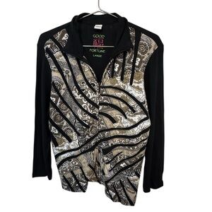 Good Fortune Y2K Women's L Form Fit Black Brown Patterned Full Zip Sweatshirt